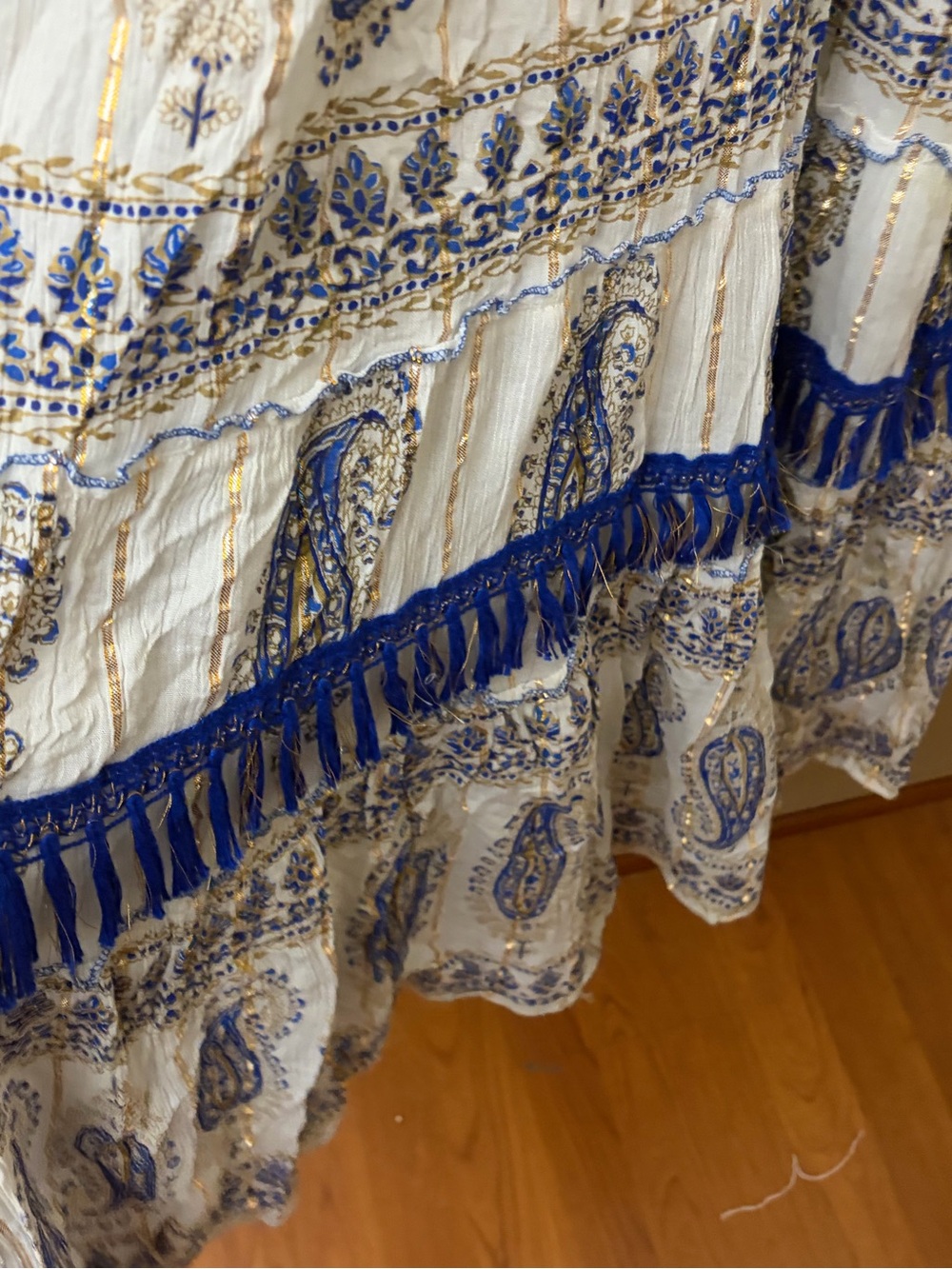 Boho Anthropology Off-Shoulder Maxi Dress in White, Blue, and gold - Picture 5 of 6